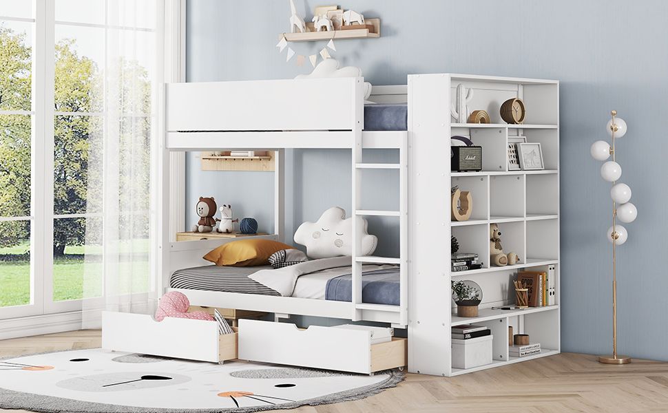 Storage Twin Over Twin Wood Bunk Bed with 2 Drawers and Multi-Layer Cabinet, White | Just Better Bunk Beds