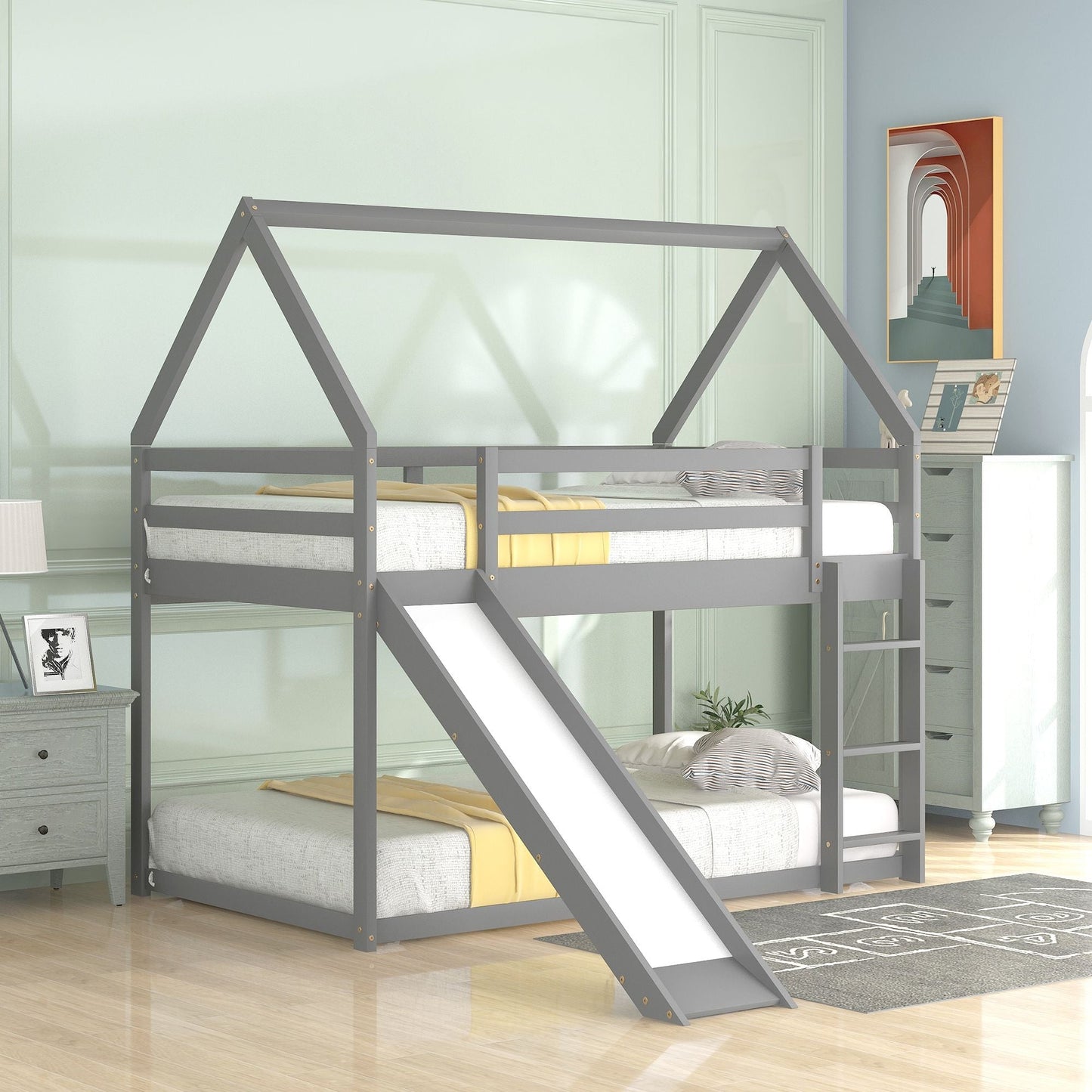 Kids Bedroom Twin Wood House Bunk Bed with Slide and Ladder, Gray | Just Better Bunk Beds
