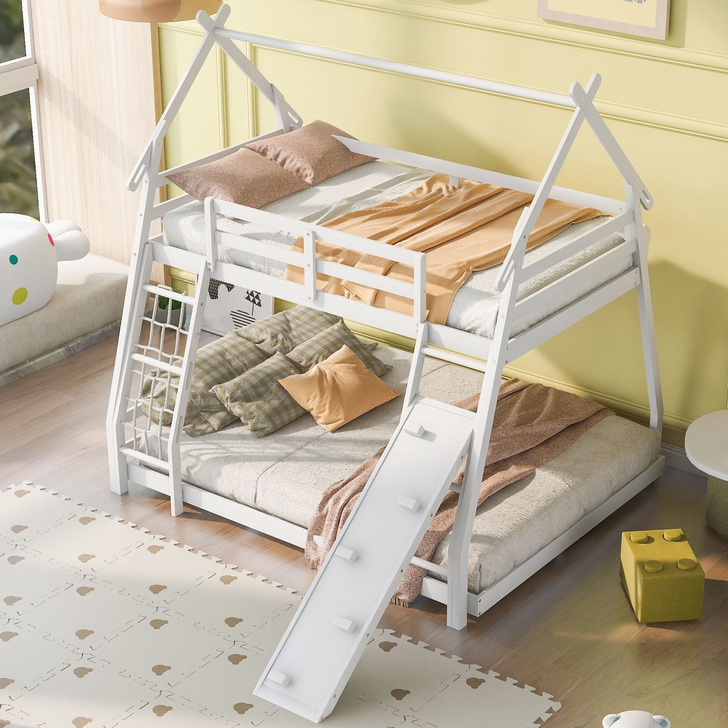 House-Style Twin Over Queen Wood Bunk Bed with Climbing Nets and Ramp, White | Just Better Bunk Beds