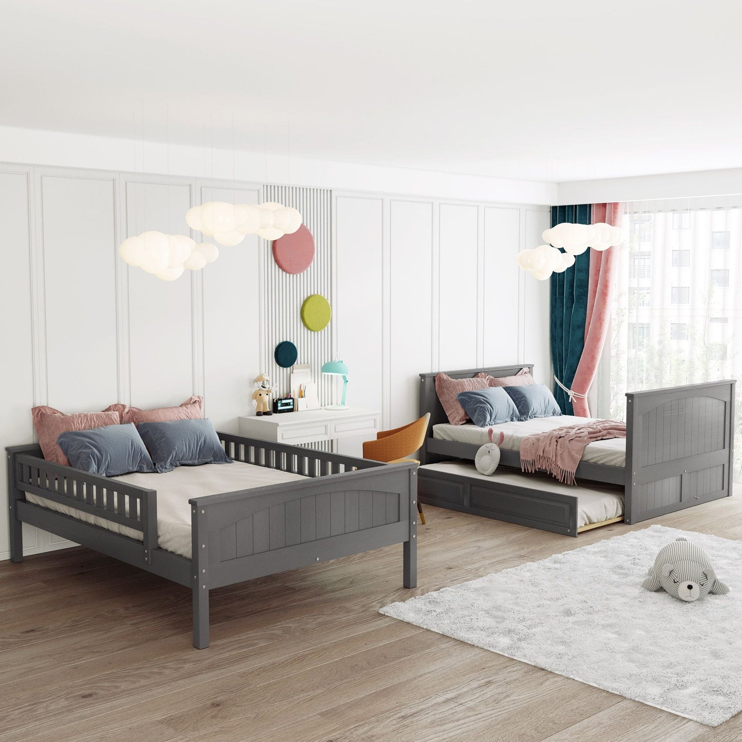 Shared Room Solution Full Over Full Pine Wood Bunk Bed with Twin Trundle and Guardrails, Brushed Gray | Just Better Bunk Beds