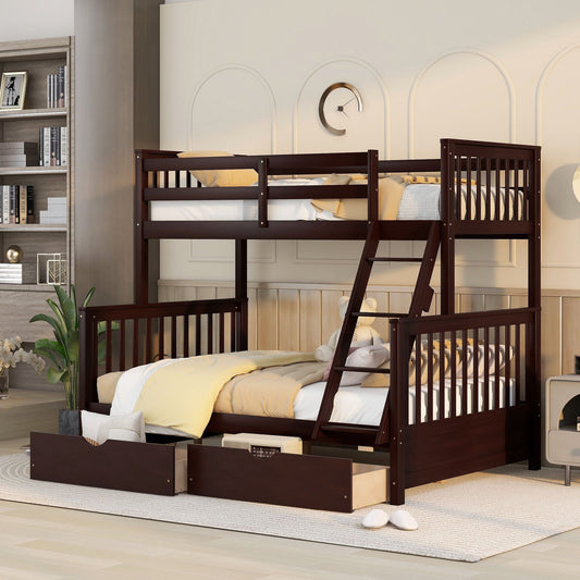 Heavy-Duty Twin Over Full Wood Bunk Bed with Ladder and Two Storage Drawers, Espresso | Just Better Bunk Beds
