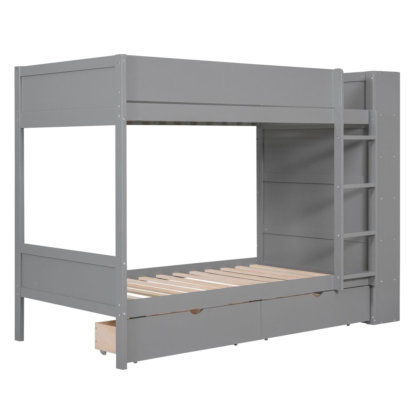 Twin over Twin Bunk Bed With 2 Drawers and Multi-layer Cabinet,  Gray