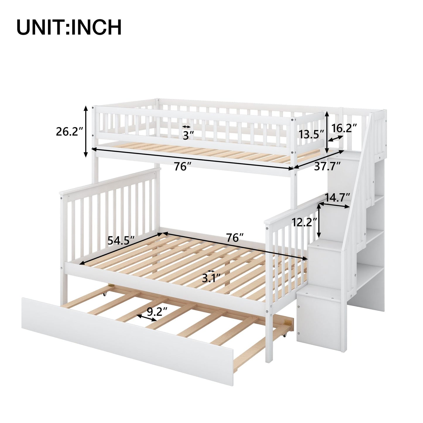 Shared Room Solution Twin Over Full Wood Bunk Bed with Trundle and Staircase, White | Just Better Bunk Beds