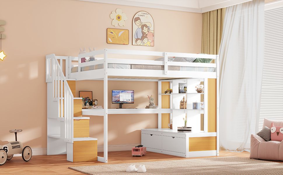 Space-Saving Full Wood Loft Bed with Desk, Shelves, Drawers, Storage Staircase, White and Natural | Just Better Bunk Beds