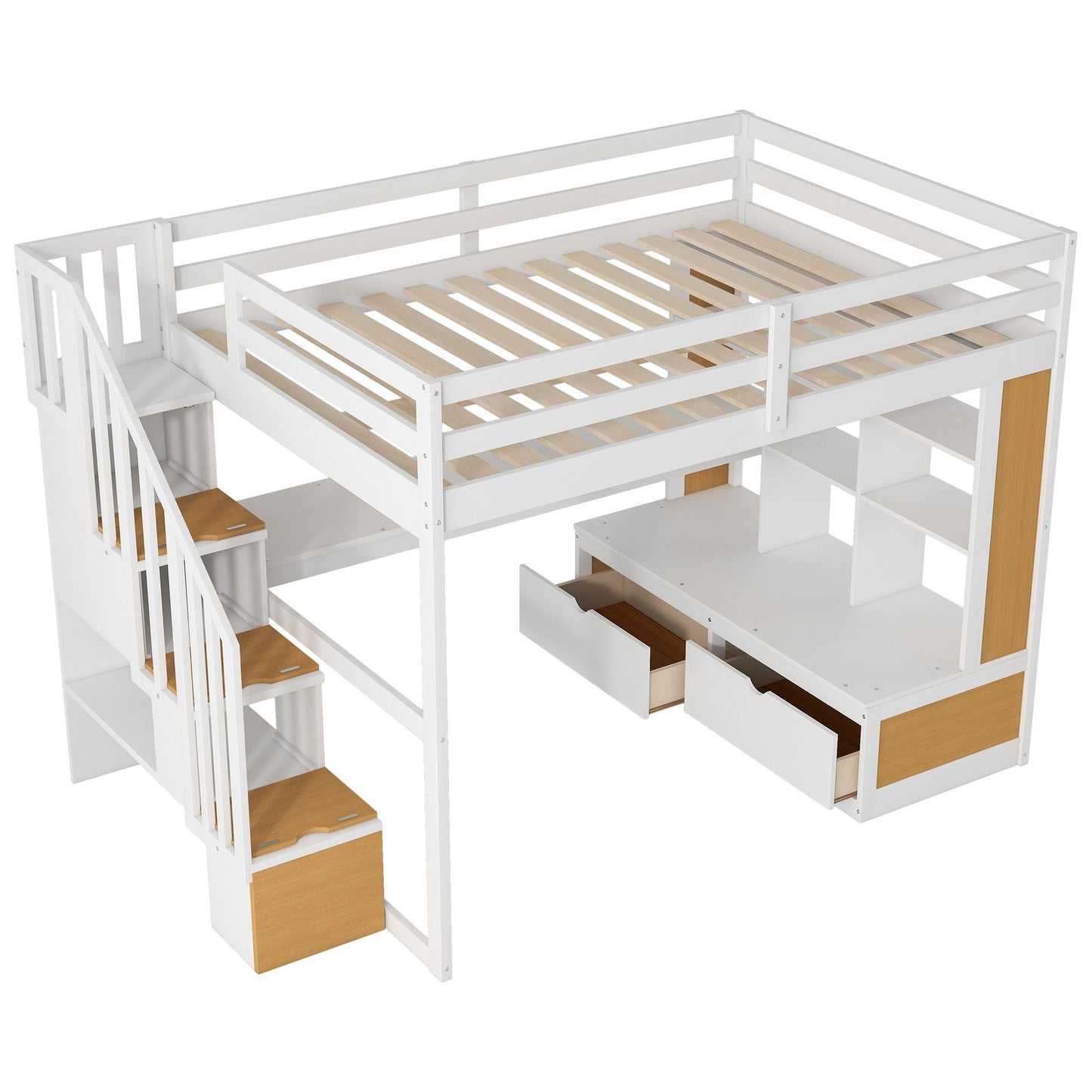 Space-Saving Full Wood Loft Bed with Desk, Shelves, Drawers, Storage Staircase, White and Natural | Just Better Bunk Beds