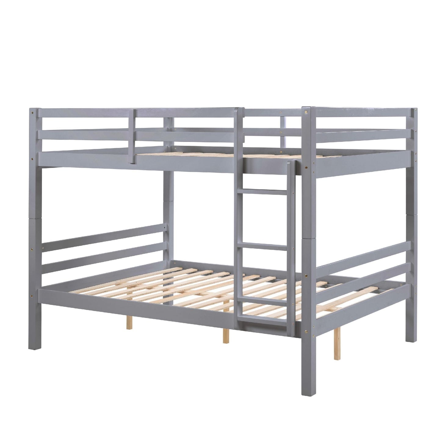 Durable Full Over Full Wood Bunk Bed with Thick Posts, High Guardrail, Ladder, Gray | Just Better Bunk Beds