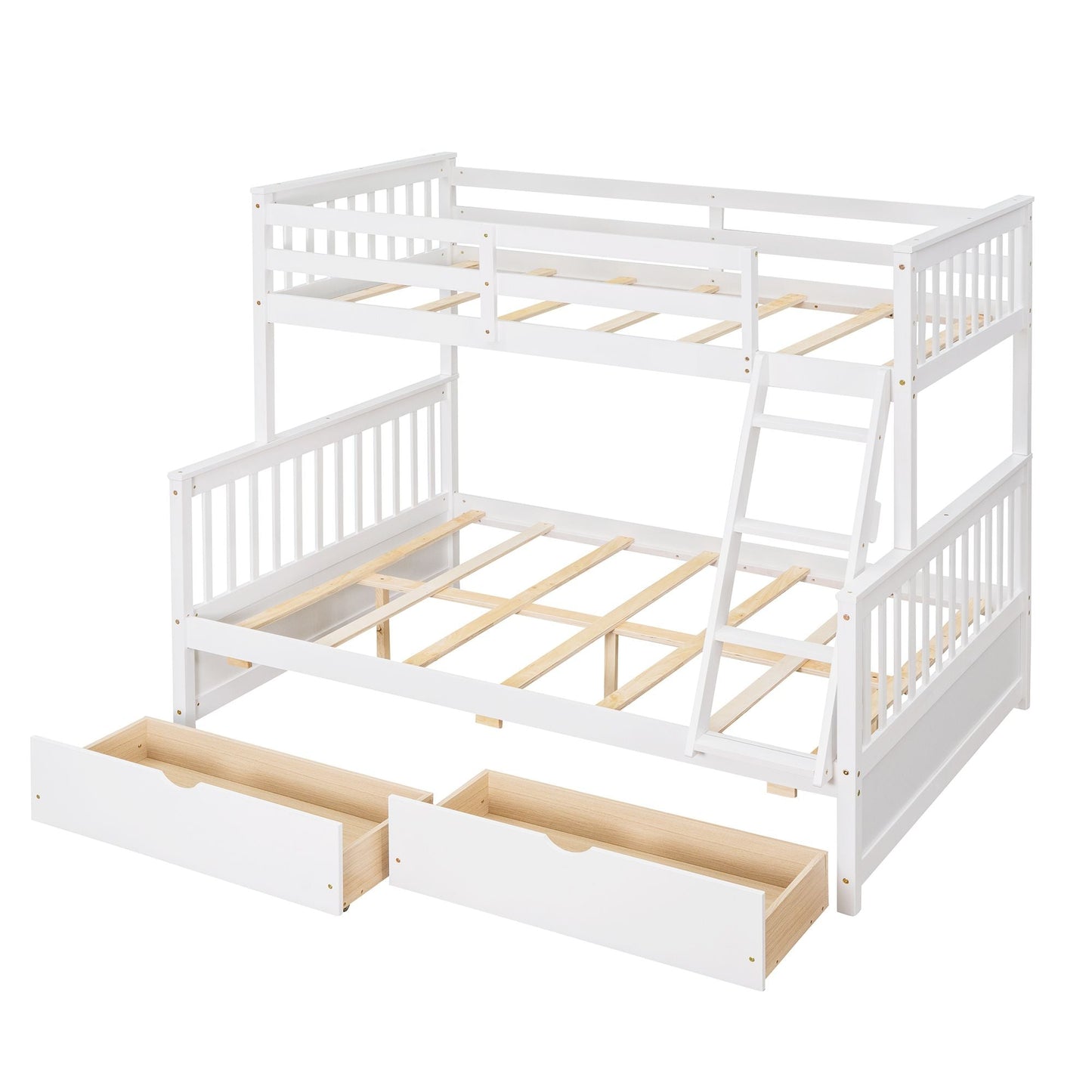 Heavy-Duty Twin Over Full Wood Bunk Bed with Ladders and Two Storage Drawers, White | Just Better Bunk Beds