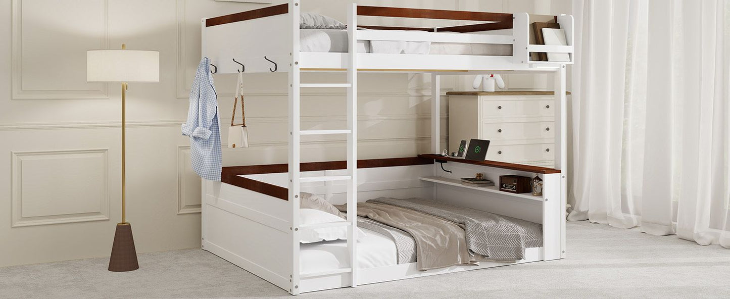 Queen Size Wooden Bunk Bed with Built-in Shelves, Storage Box, LED Light and USB Charging Station, White