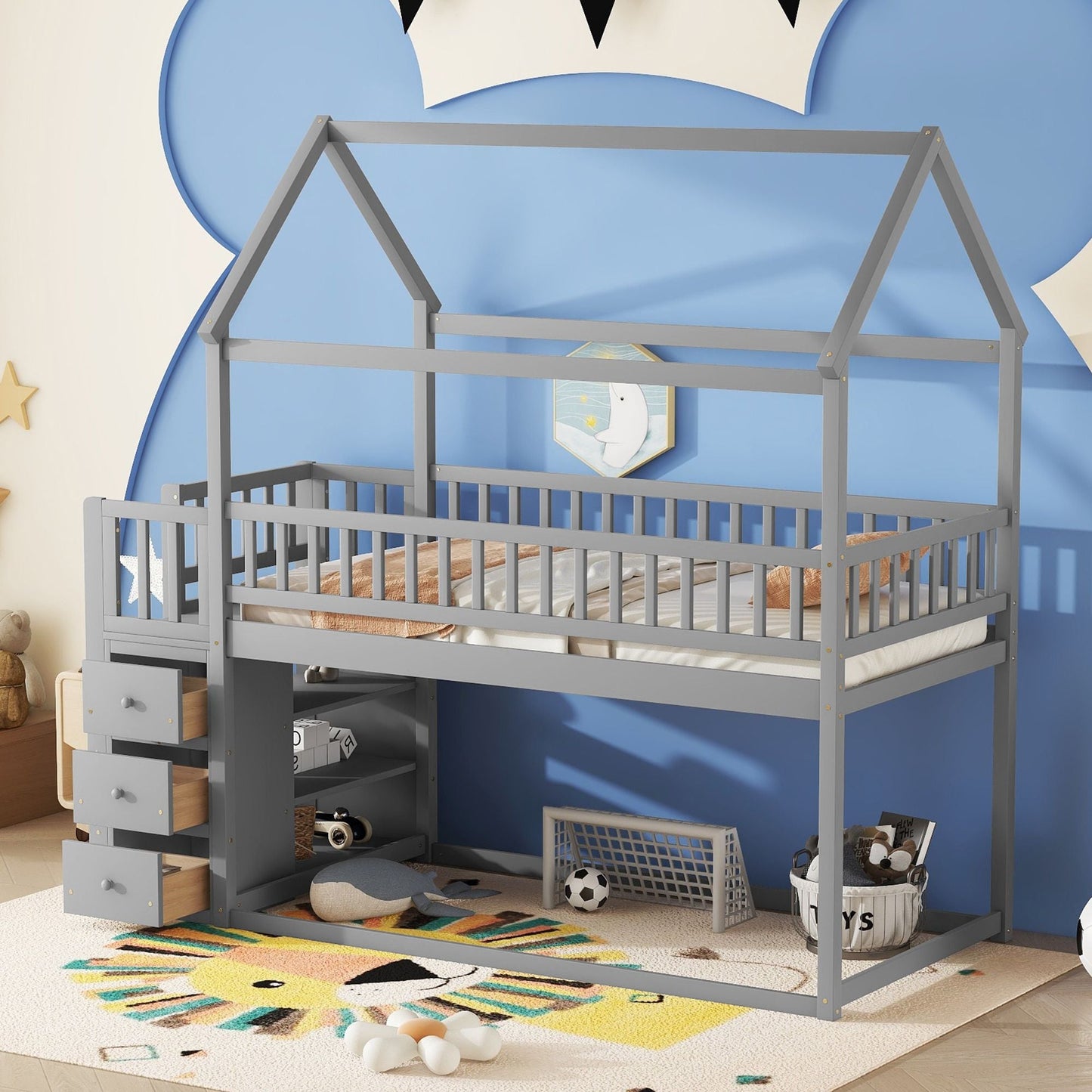 House-Style Twin Over Twin Wood Bunk Bed with Shelves and Drawers, Gray | Just Better Bunk Beds