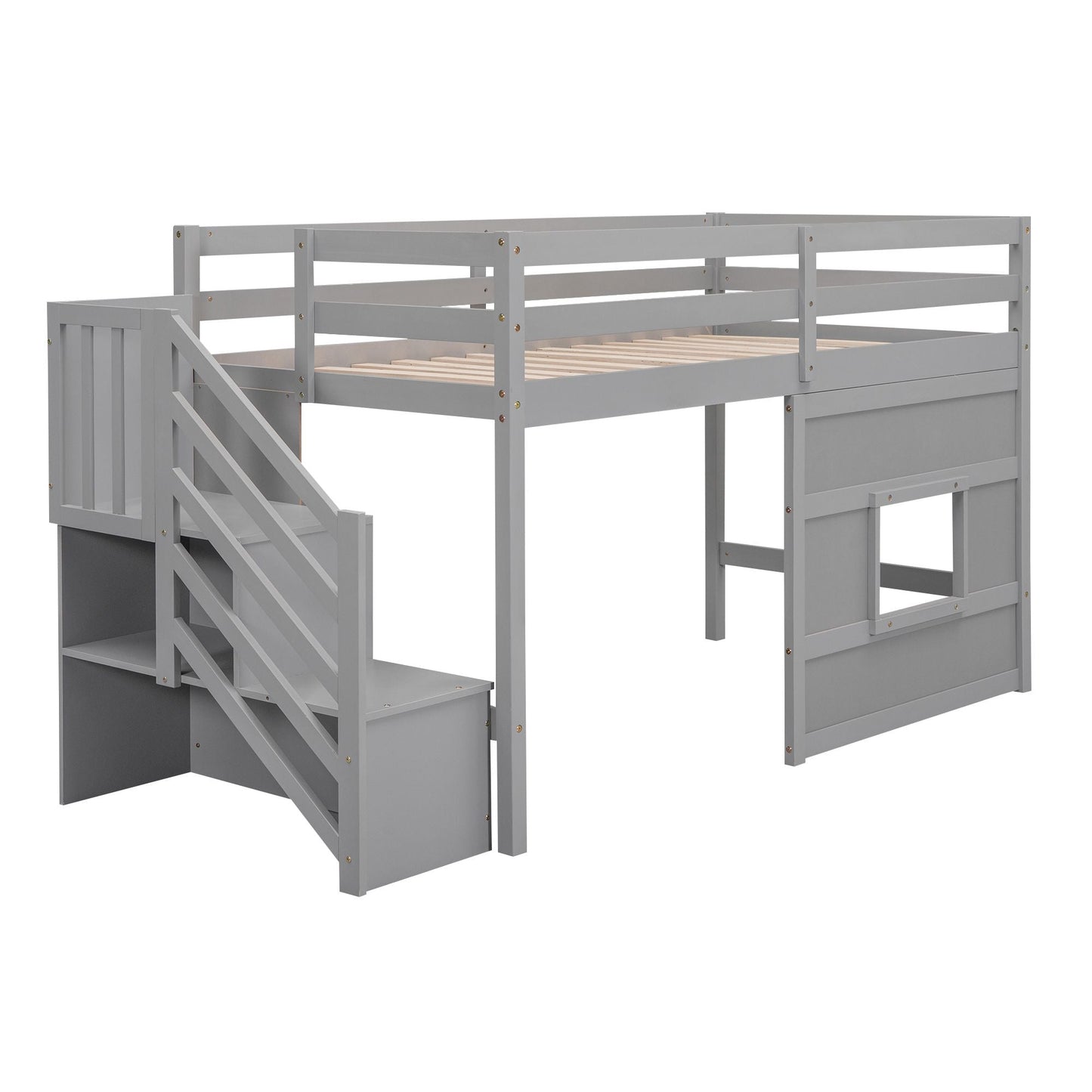 Space-Saving Twin Loft Wood Bed with Storage Staircase and Window, White | Just Better Bunk Beds