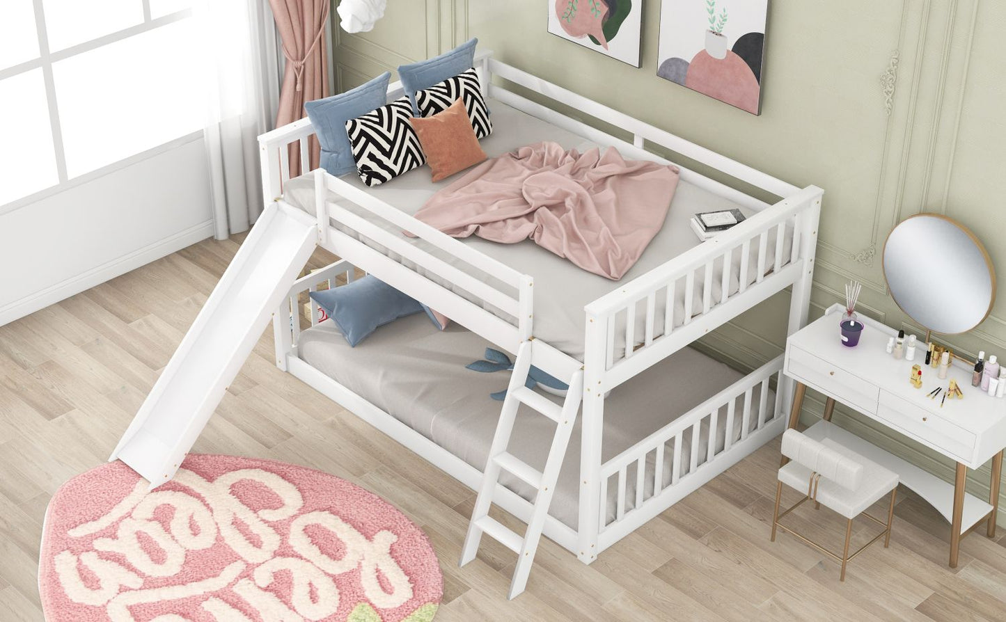 House-Style Full Over Full Wood Bunk Bed with Convertible Slide and Ladder, White | Just Better Bunk Beds
