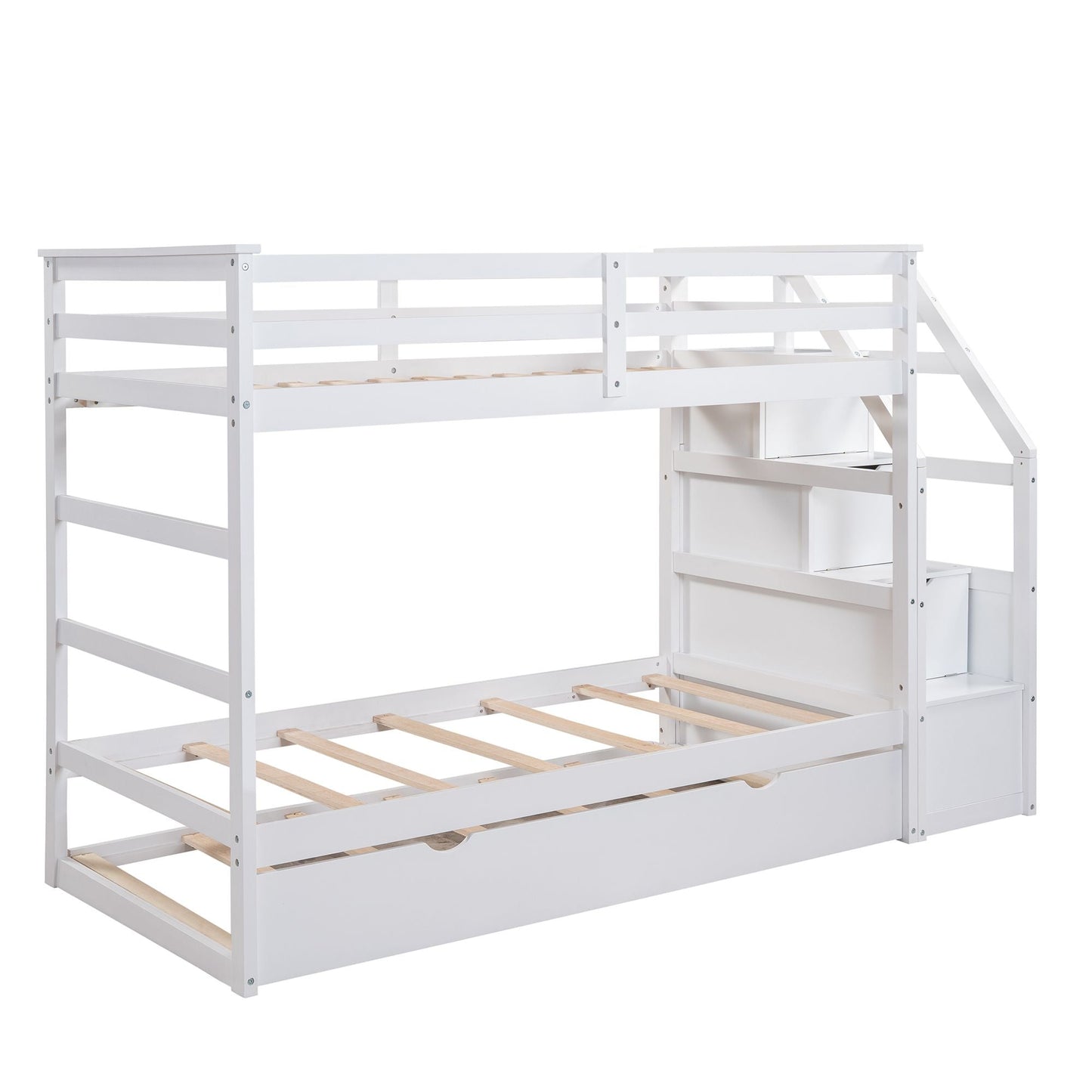 Space-Saving Twin Over Twin Wood Bunk Bed with Twin Trundle and 3 Storage Stairs, White | Just Better Bunk Beds