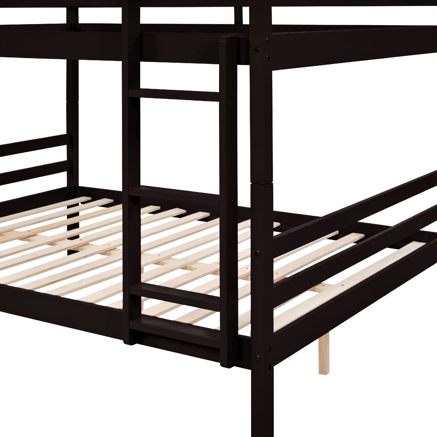 Dorm Room Full Over Full Wood Bunk Bed with Ladder and Guardrail, Espresso | Just Better Bunk Beds