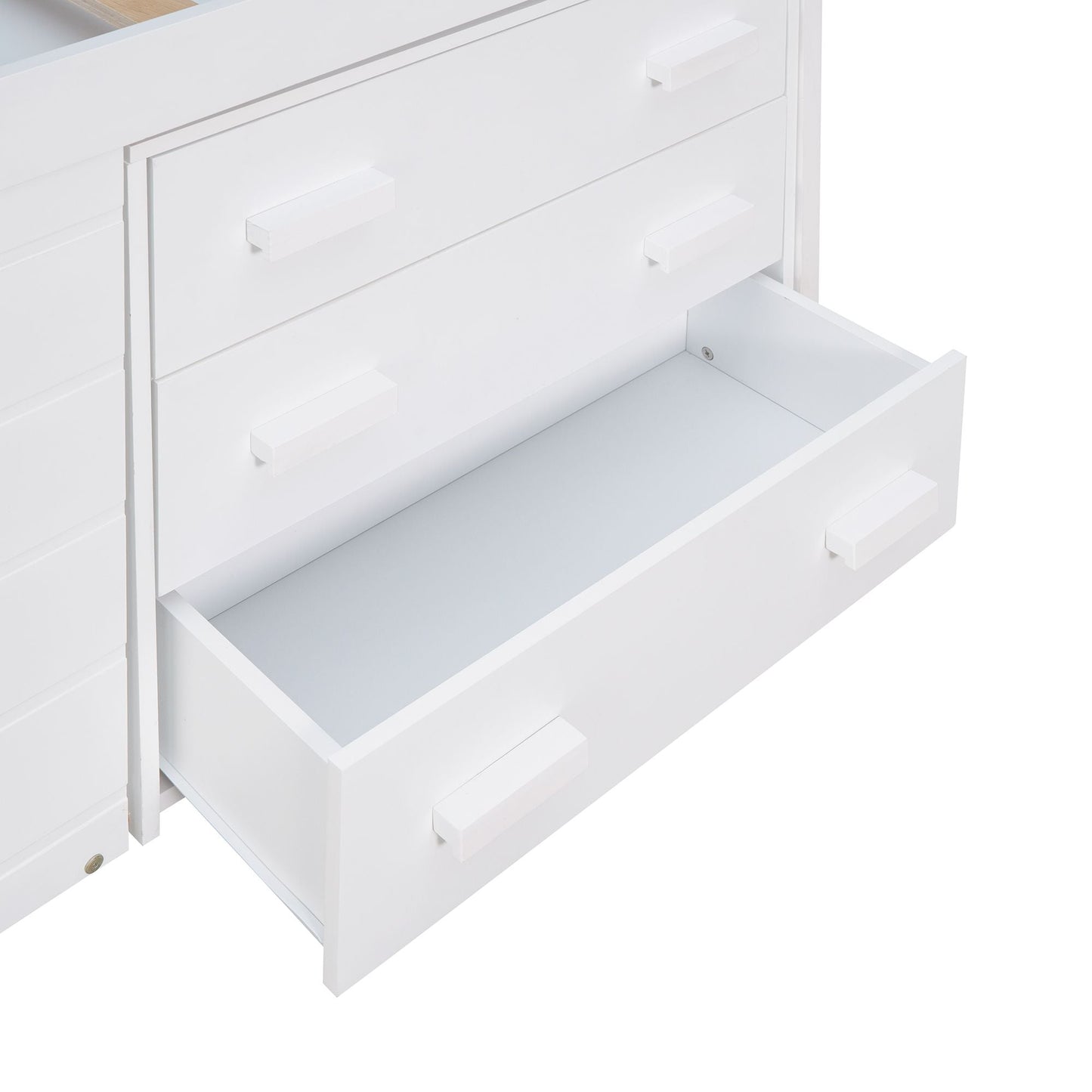 Kids Bedroom Twin Wood Loft Bed with Cabinet and Shelf, White | Just Better Bunk Beds