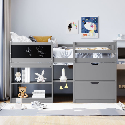 Space-Saving Twin Low Loft Wood Bed with Rolling Desk, Shelf, Drawers, White | Just Better Bunk Beds