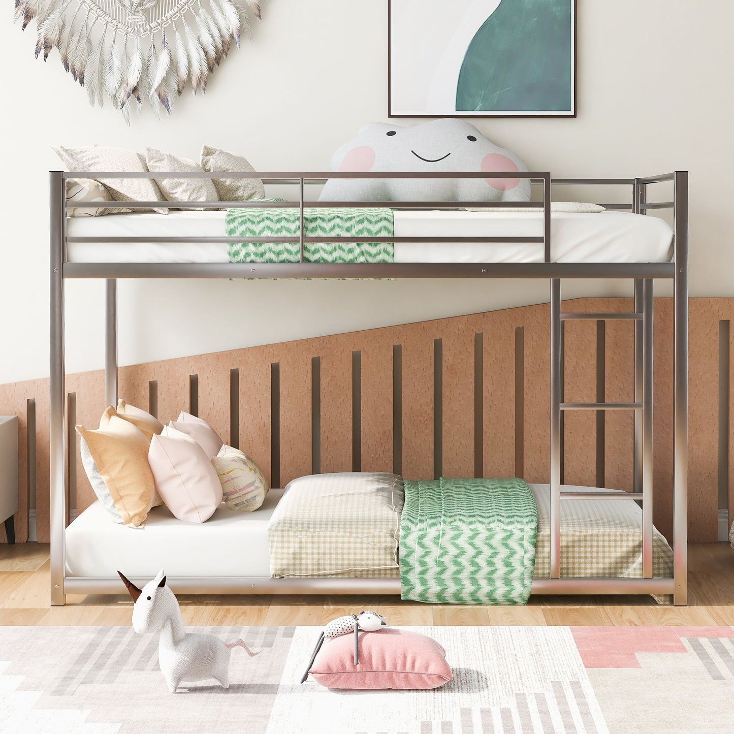 Low Profile Twin Over Twin Metal Bunk Bed with Ladder, White | Just Better Bunk Beds