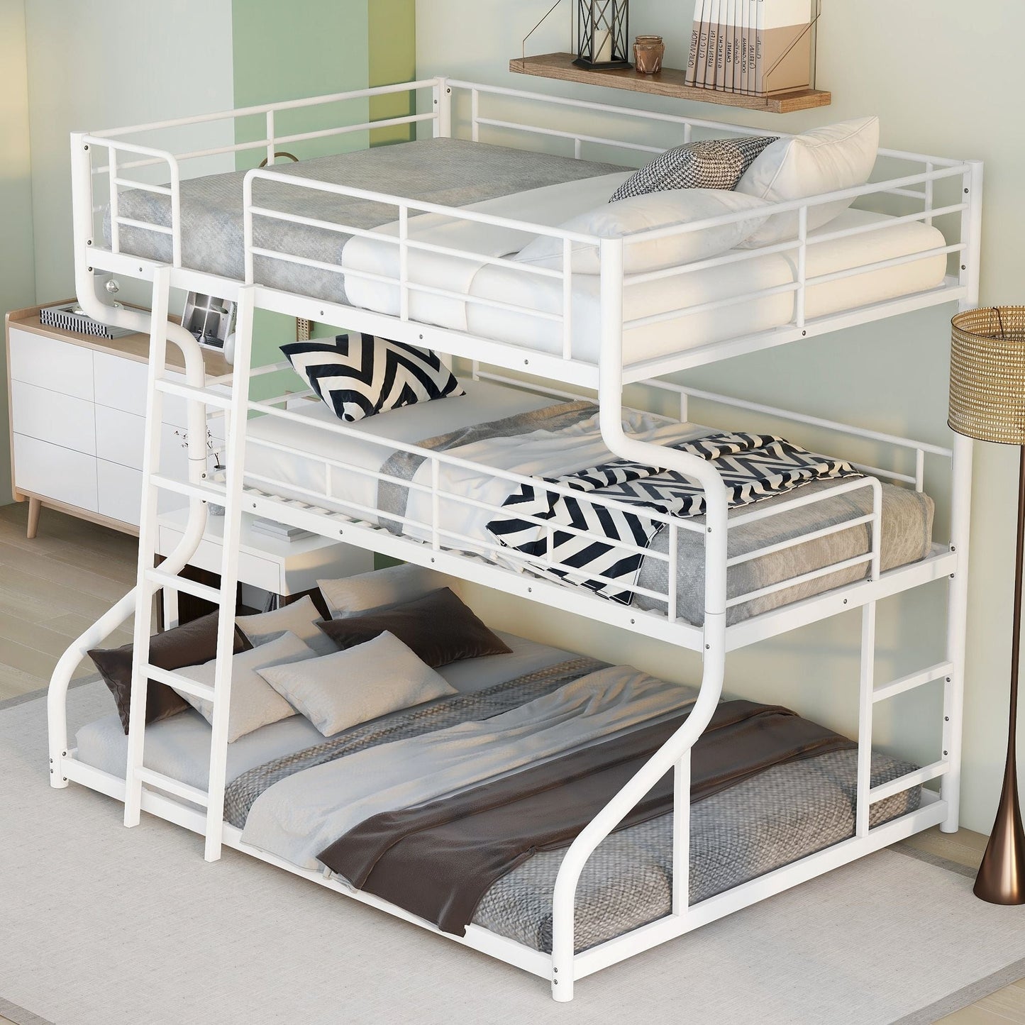 Heavy-Duty Full XL Over Twin XL Over Queen Triple Wood Bunk Bed with Ladder, White | Just Better Bunk Beds