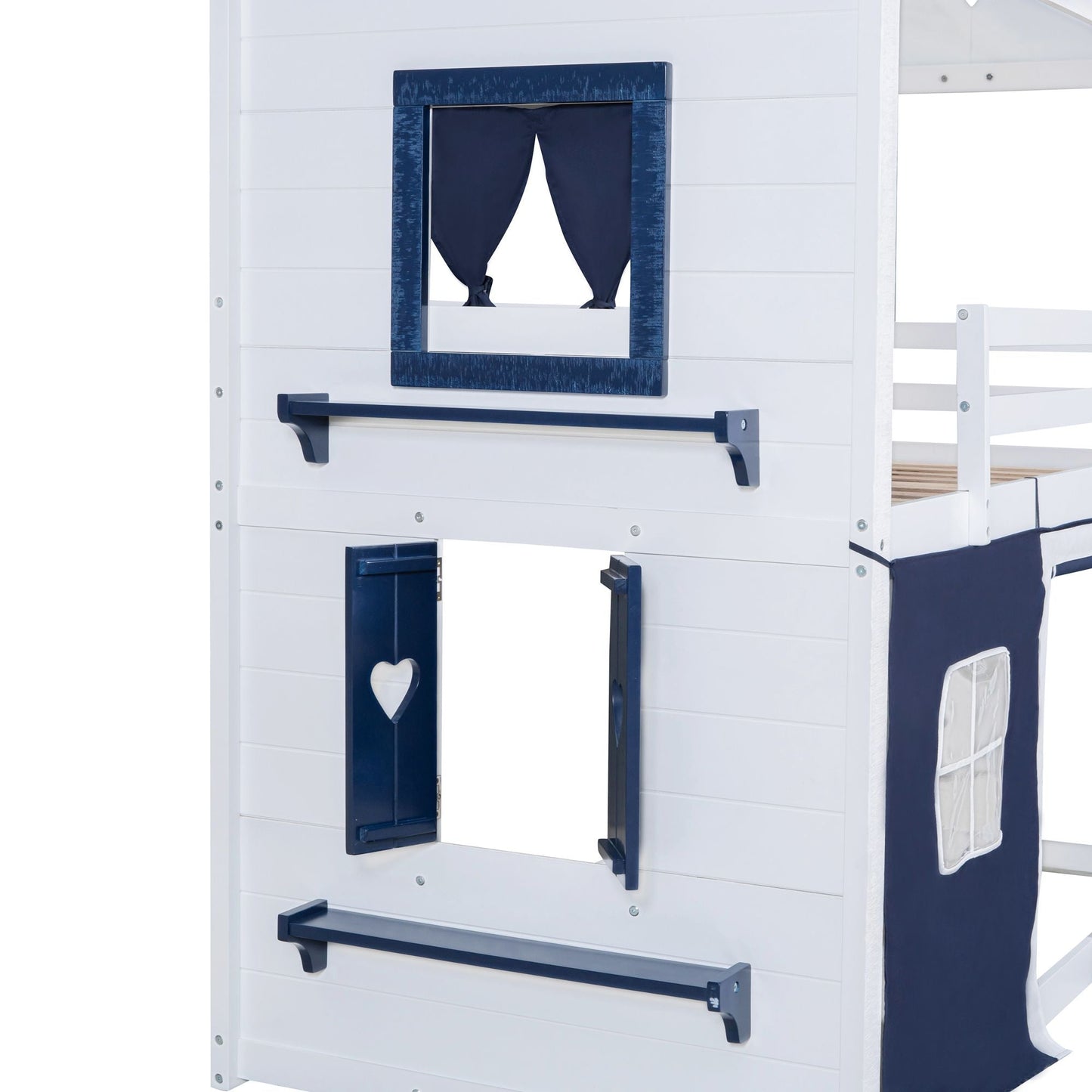 House-Style Twin Wood Bunk Bed with Elegant Windows, Sills, Tent, Blue and White | Just Better Bunk Beds
