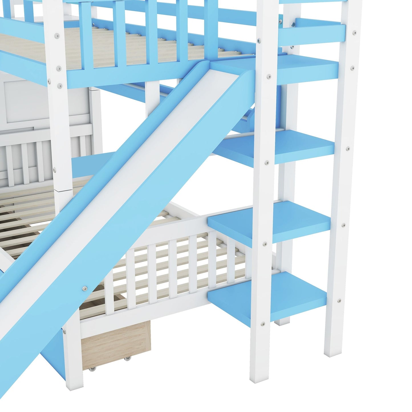 House-Style Twin Over Twin Wood Bunk Bed with 2 Drawers, 3 Shelves, and Slide, Blue | Just Better Bunk Beds