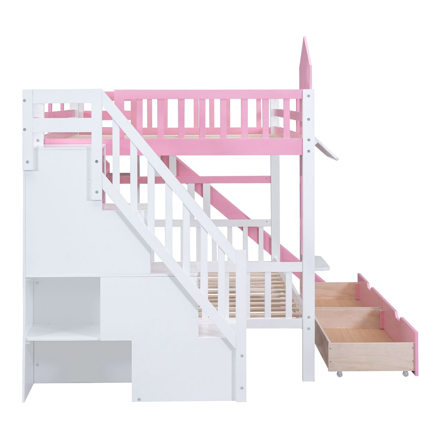 House-Style Full Over Full Wood Castle Bunk Bed with Drawers, Shelves, and Slide, Pink | Just Better Bunk Beds