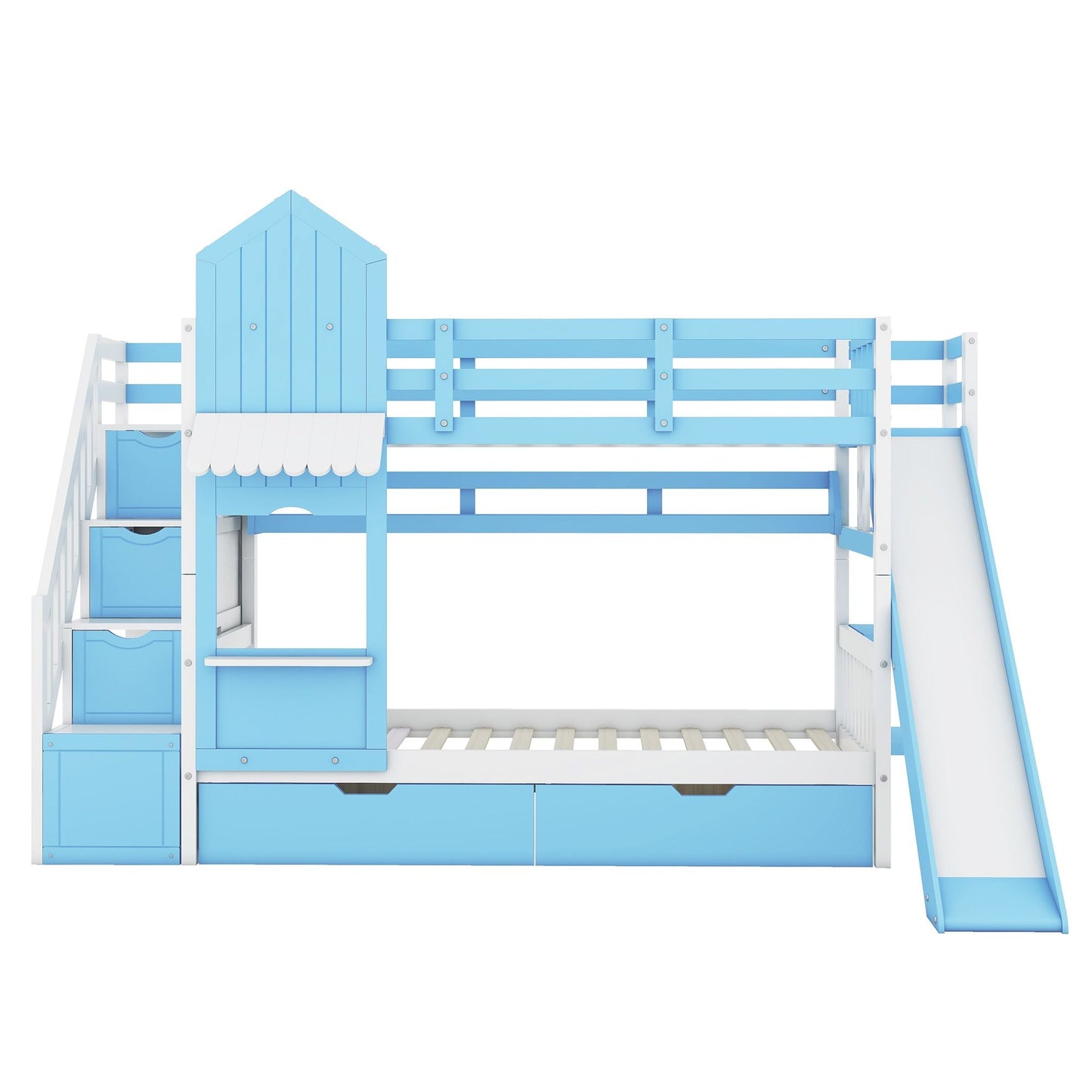 House-Style Twin Over Twin Wood Bunk Bed with 2 Drawers, 3 Shelves, and Slide, Blue | Just Better Bunk Beds