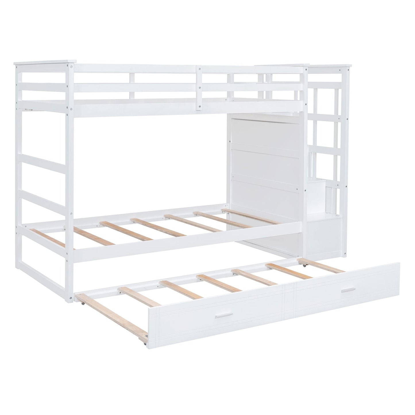 Shared Room Solution Twin Over Twin Wood Bunk Bed with Trundle and Staircase, White | Just Better Bunk Beds