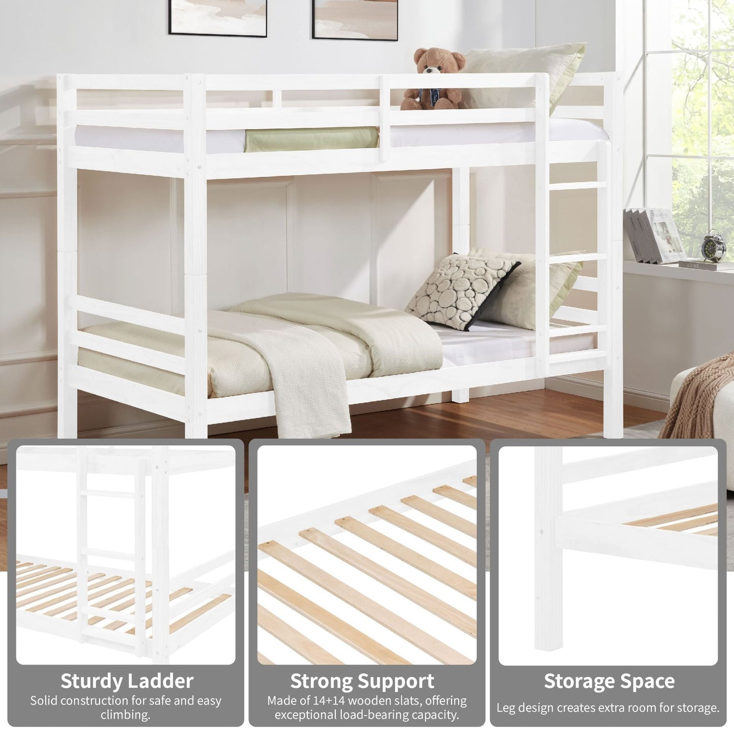 Heavy-Duty Twin Over Twin Wood Bunk Bed, White with Thick Posts, Ladder, and High Guardrail | Just Better Bunk Beds