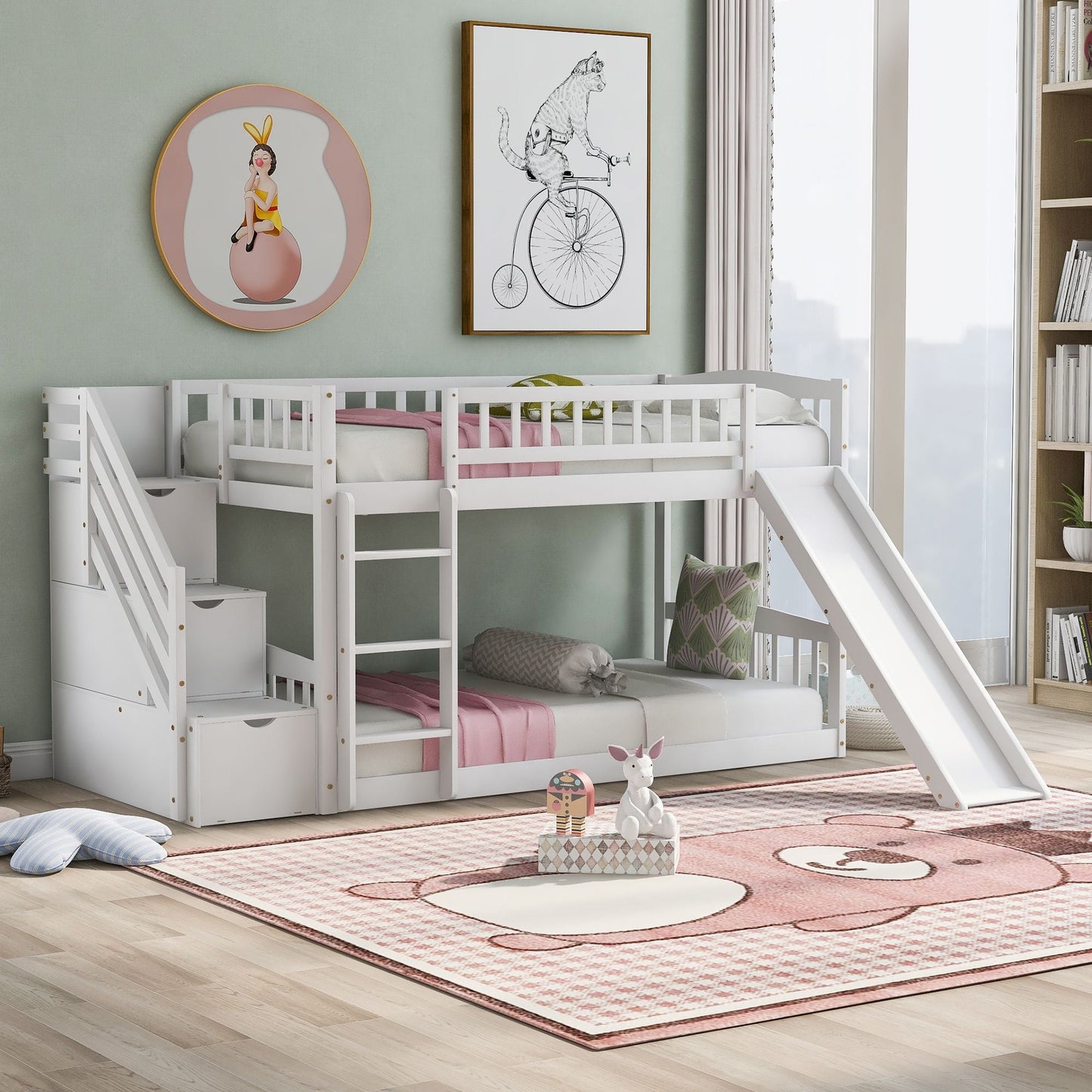 Stairway Twin over Twin Bunk Bed with Two Drawers and Slide,  White