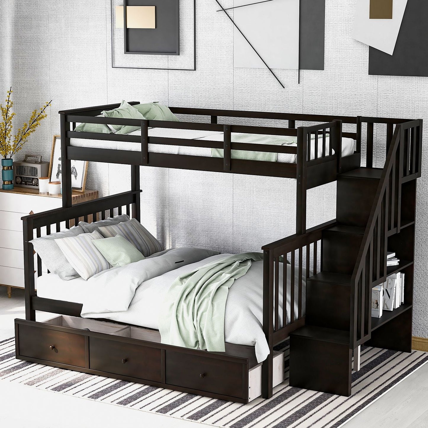 Staircase Storage Twin Over Full Wood Bunk Bed with Drawer and Guard Rail, Espresso, Gray, White | Just Better Bunk Beds