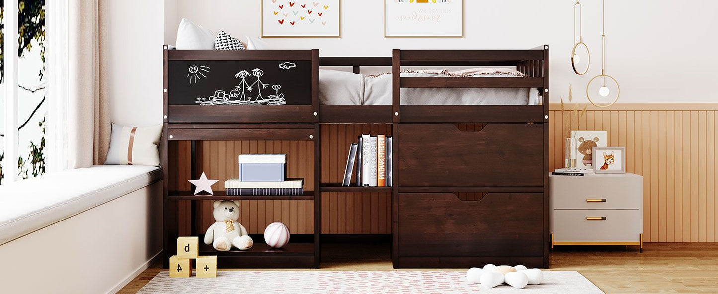 Space-Saving Twin Low Loft Wood Bed with Rolling Desk, Shelf, Drawers, White | Just Better Bunk Beds