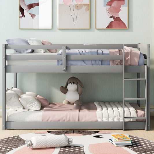 Low Profile Twin Over Twin Wood Floor Bunk Bed, White with Ladder | Just Better Bunk Beds