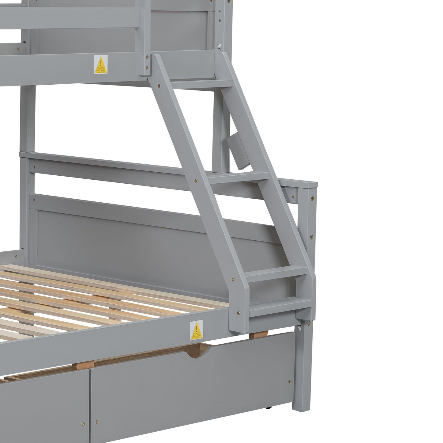 Heavy-Duty Twin Over Full Wood Bunk Bed with Ladder, Storage Drawers, Safety Guardrail, Gray | Just Better Bunk Beds