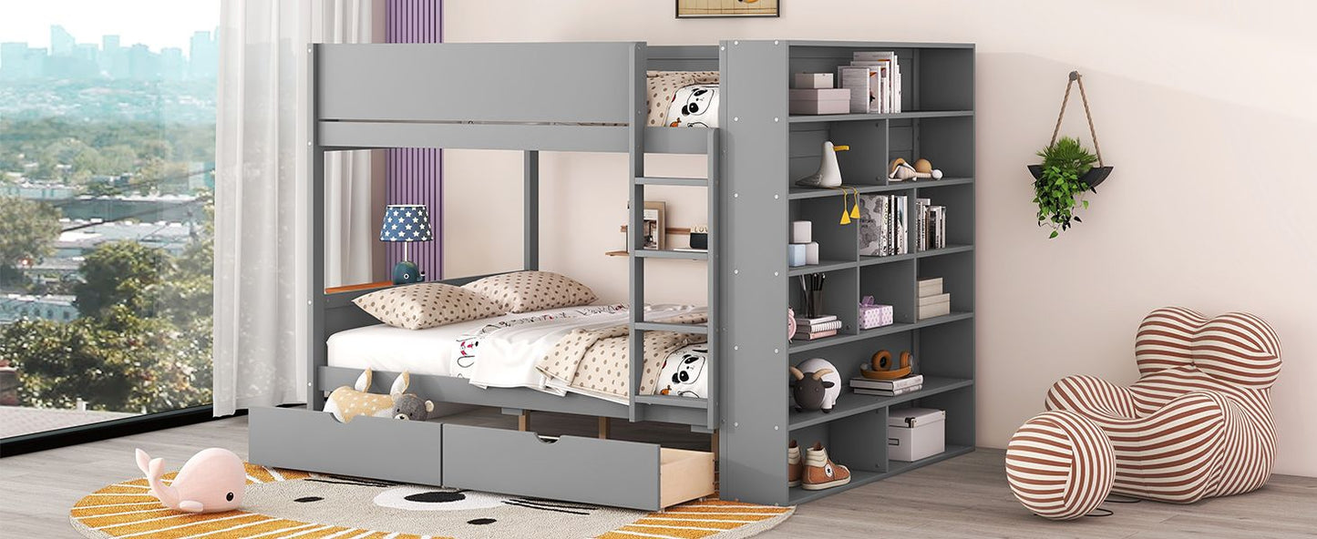 Storage Full Over Full Wood Bunk Bed with 2 Drawers and Multi-Layer Cabinet, Gray | Just Better Bunk Beds