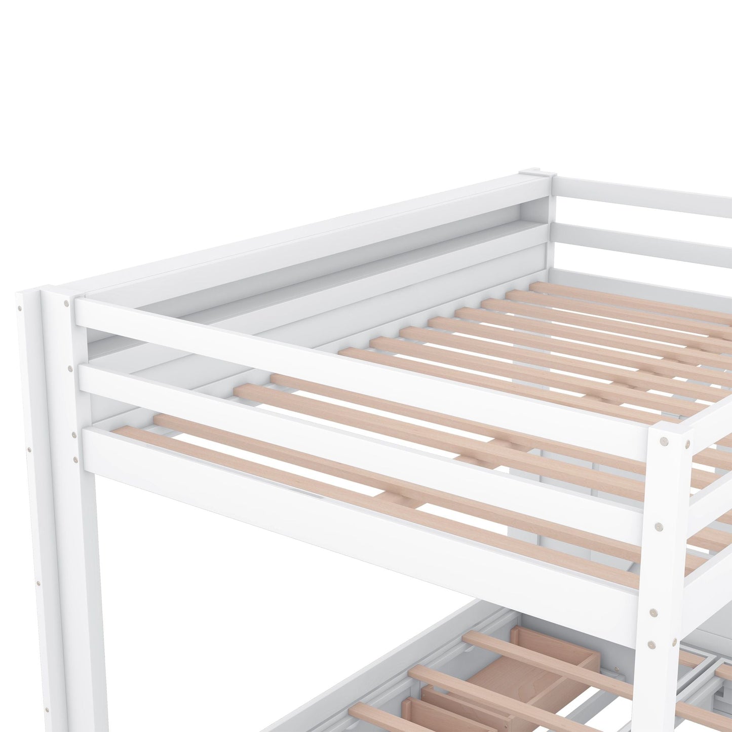 Convertible Full Wood Bunk Bed with Storage Staircase, Bedside Table, 3 Drawers, White | Just Better Bunk Beds