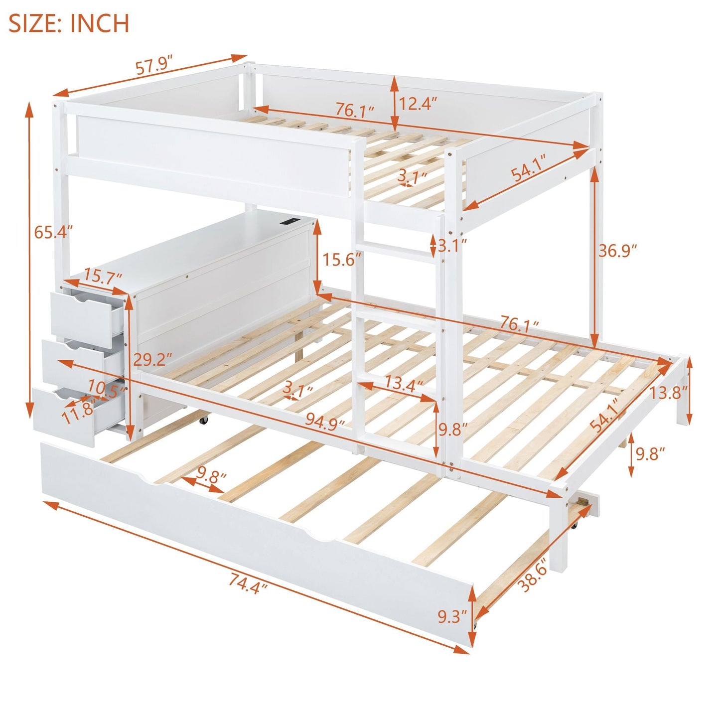 Multi-Functional Full Over Full Wood Bunk Bed with Twin Trundle, Storage, Desk, White | Just Better Bunk Beds
