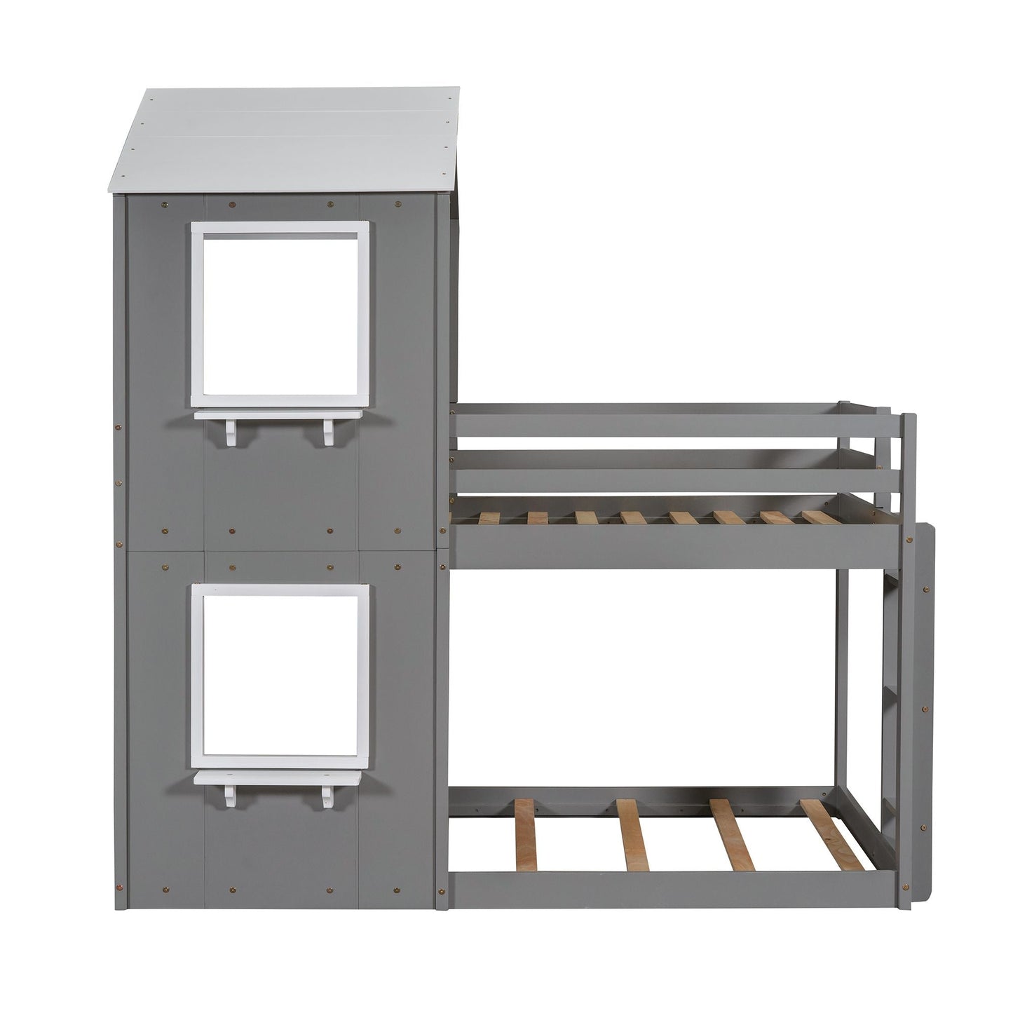 Twin Over Twin Bunk Bed Wood Bed with Roof,  Window,  Guardrail,  Ladder White