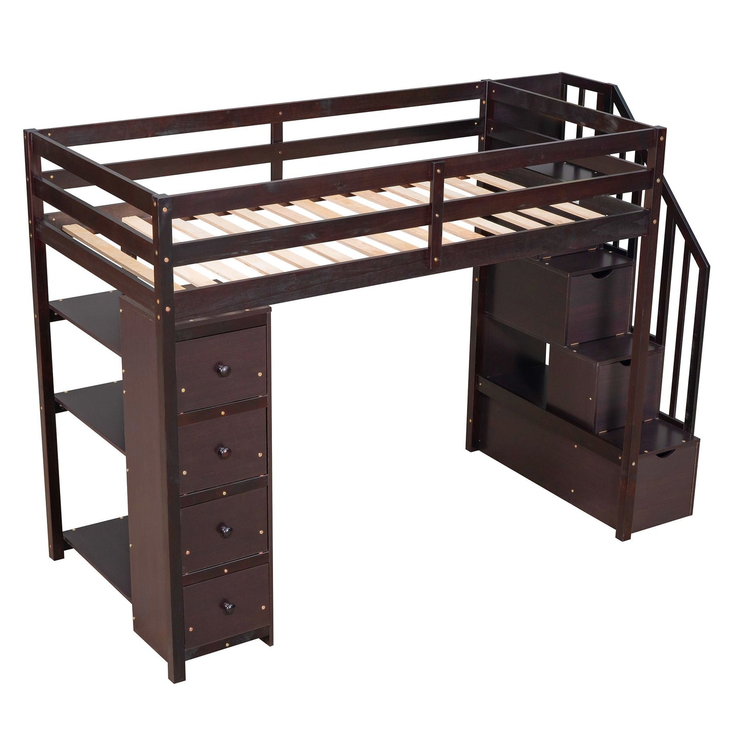 Kids Bedroom Twin Wood Loft Bed with Storage Drawers and Stairs, Espresso | Just Better Bunk Beds