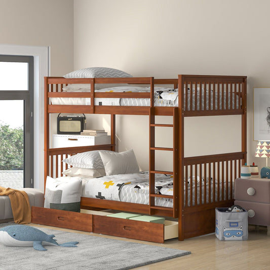 Kids Bedroom Twin Over Twin Wood Bunk Bed with Ladders and Two Storage Drawers, Walnut | Just Better Bunk Beds