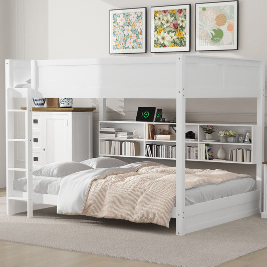Shared Room Solution Queen Over Queen Wood Bunk Bed with Storage and USB Ports, White | Just Better Bunk Beds