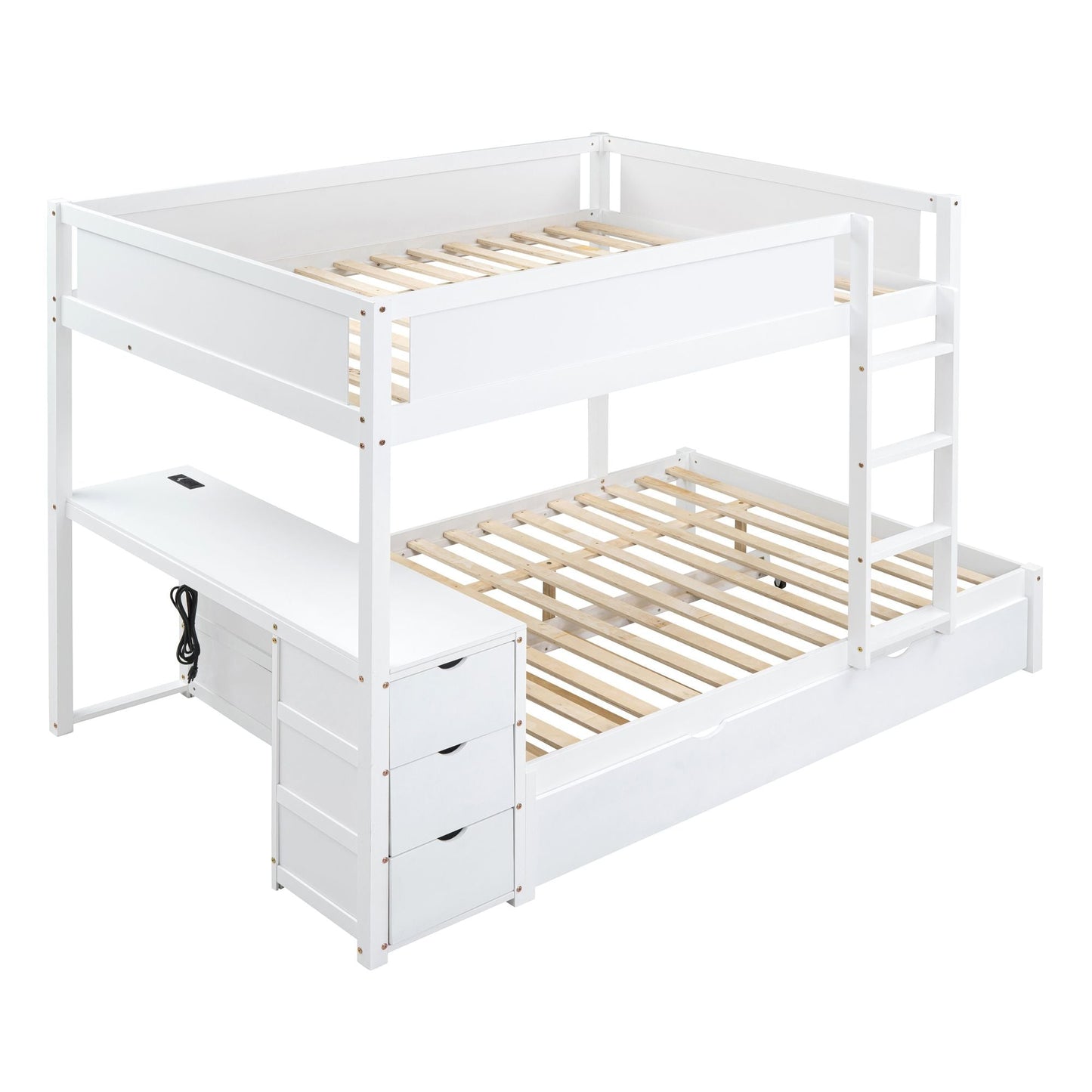 Multi-Functional Full Over Full Wood Bunk Bed with Twin Trundle, Storage, Desk, White | Just Better Bunk Beds