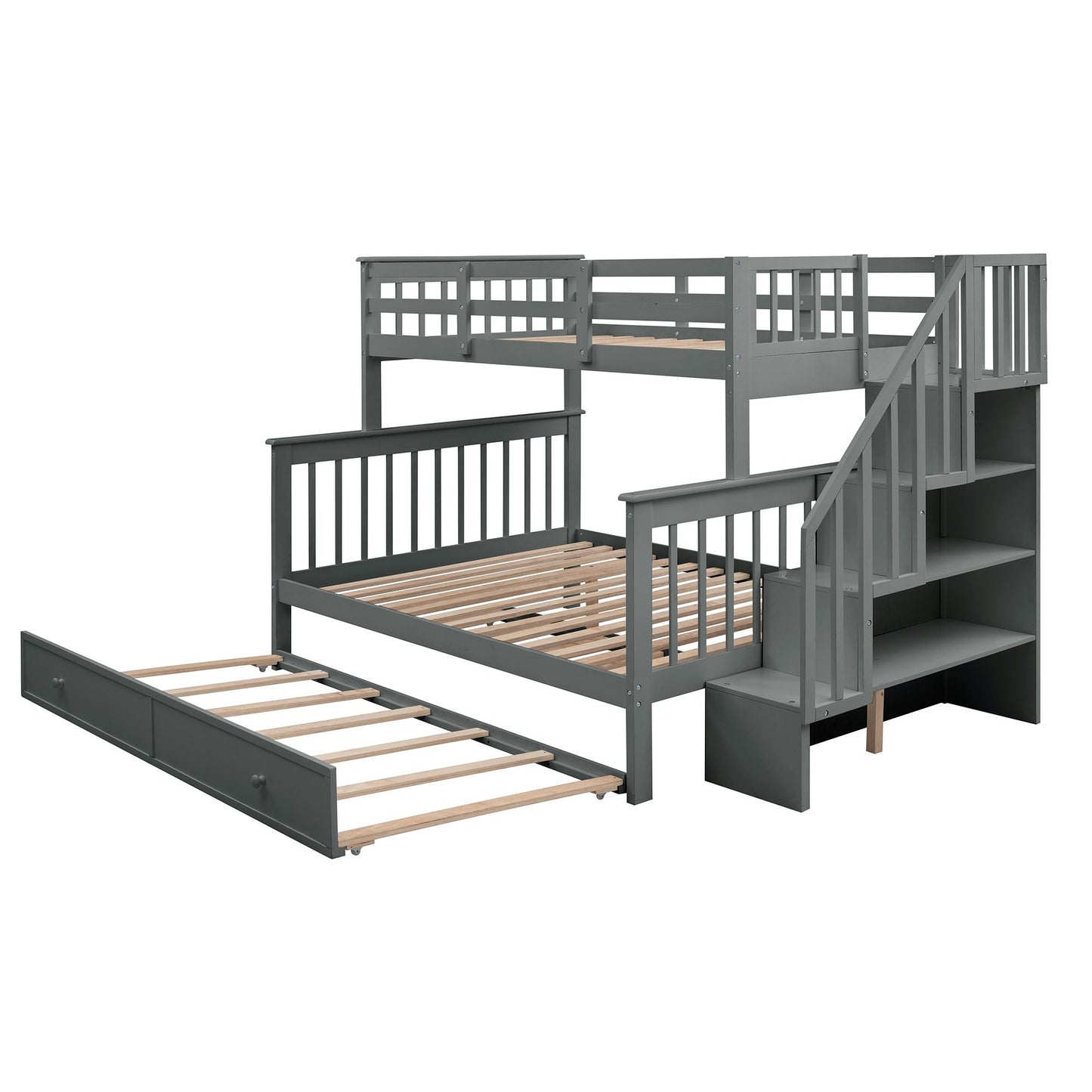 Stairway Twin-Over-Full Bunk Bed with Twin size Trundle,  Storage and Guard Rail for Bedroom,  Dorm,  for Adults,  Gray