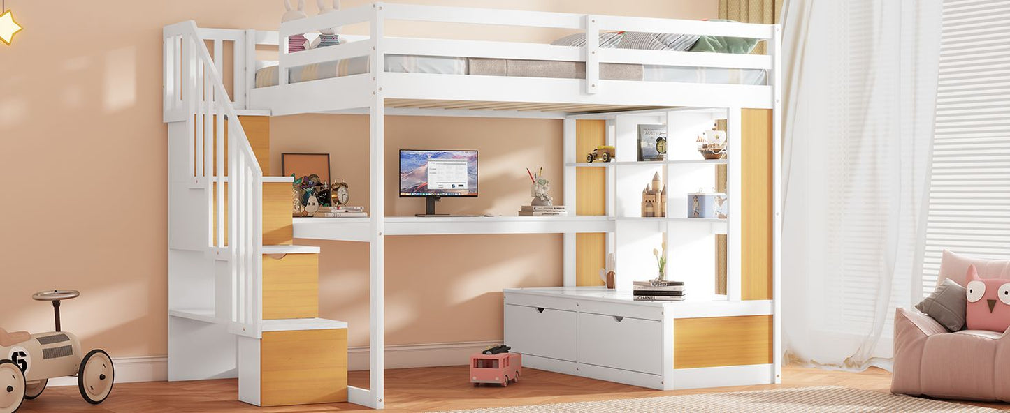 Space-Saving Full Wood Loft Bed with Desk, Shelves, Drawers, Storage Staircase, White and Natural | Just Better Bunk Beds