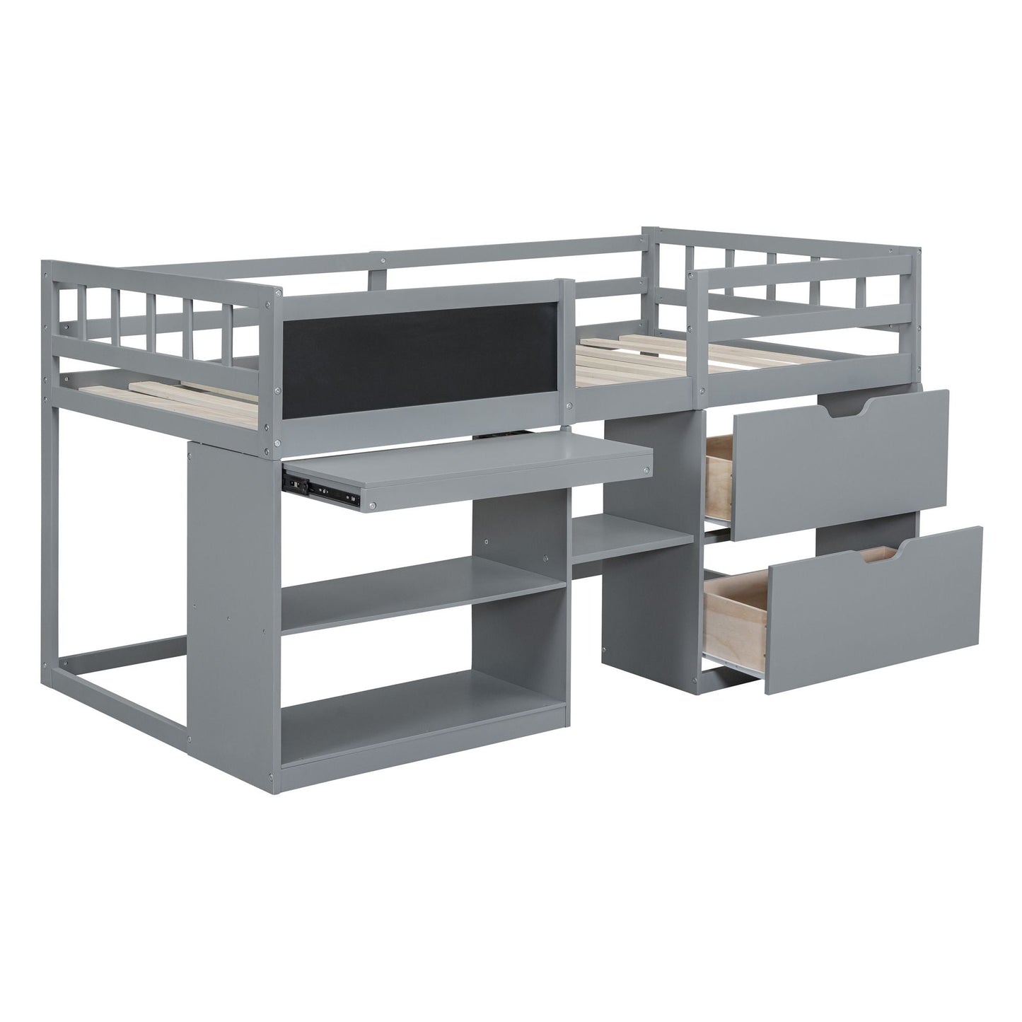 Space-Saving Twin Low Loft Wood Bed with Rolling Desk, Shelf, Drawers, White | Just Better Bunk Beds