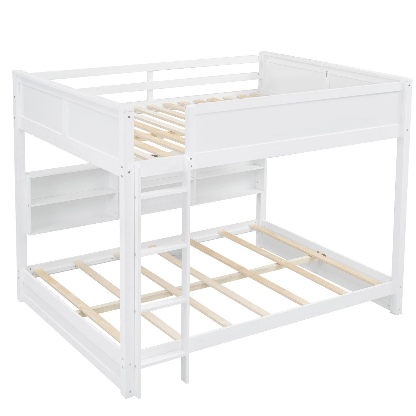 Shared Room Solution Queen Over Queen Wood Bunk Bed with Storage and USB Ports, White | Just Better Bunk Beds
