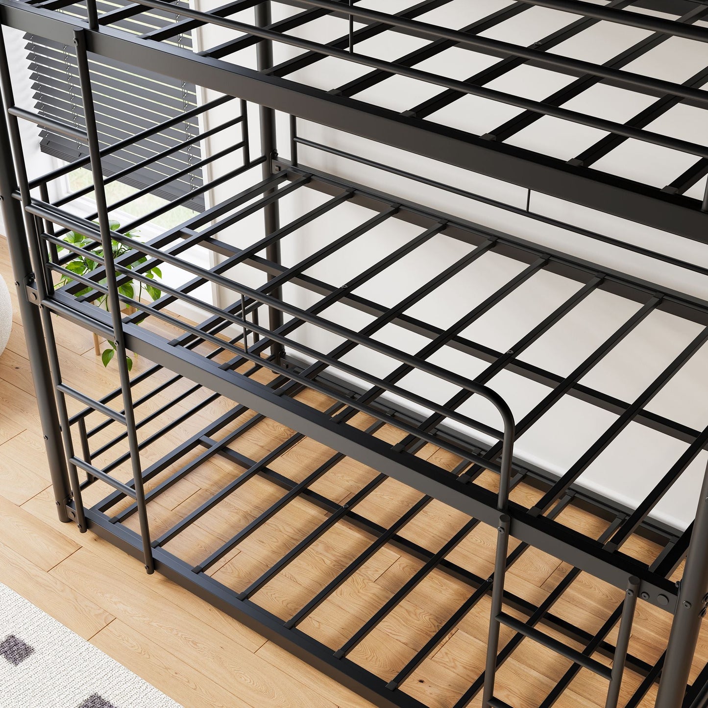 Heavy-Duty Triple Twin Over Twin Over Twin Metal Bunk Bed with Platform Frame and Guard Rail, Black | Just Better Bunk Beds