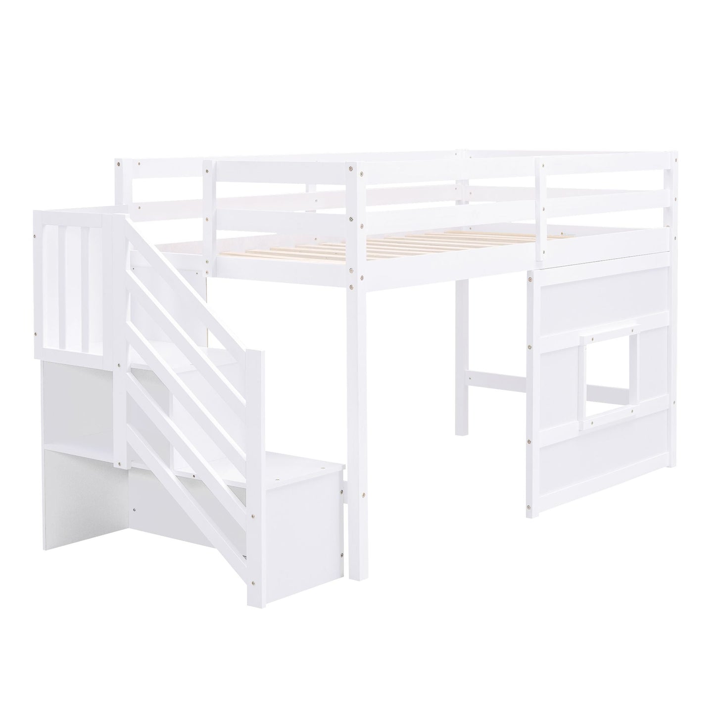 Space-Saving Twin Loft Wood Bed with Storage Staircase and Window, White | Just Better Bunk Beds