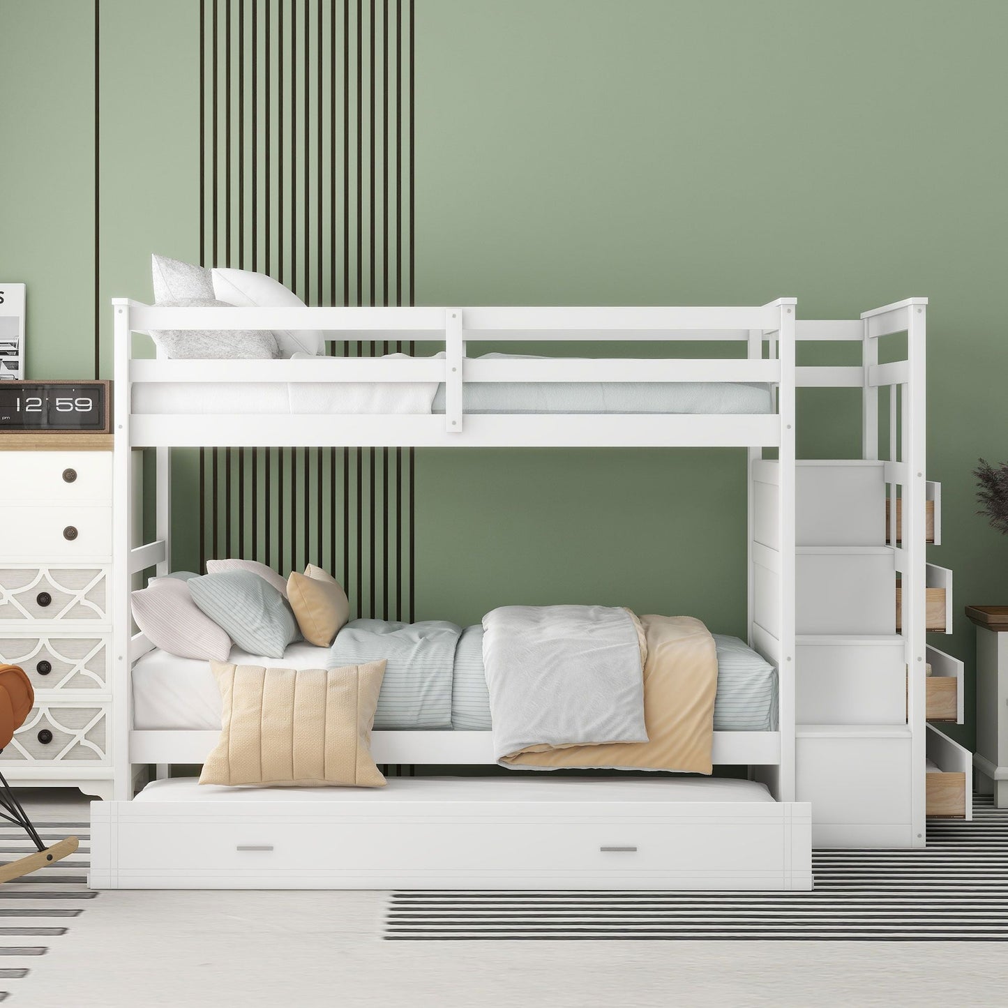 Shared Room Solution Twin Over Twin Wood Bunk Bed with Trundle and Staircase, White | Just Better Bunk Beds