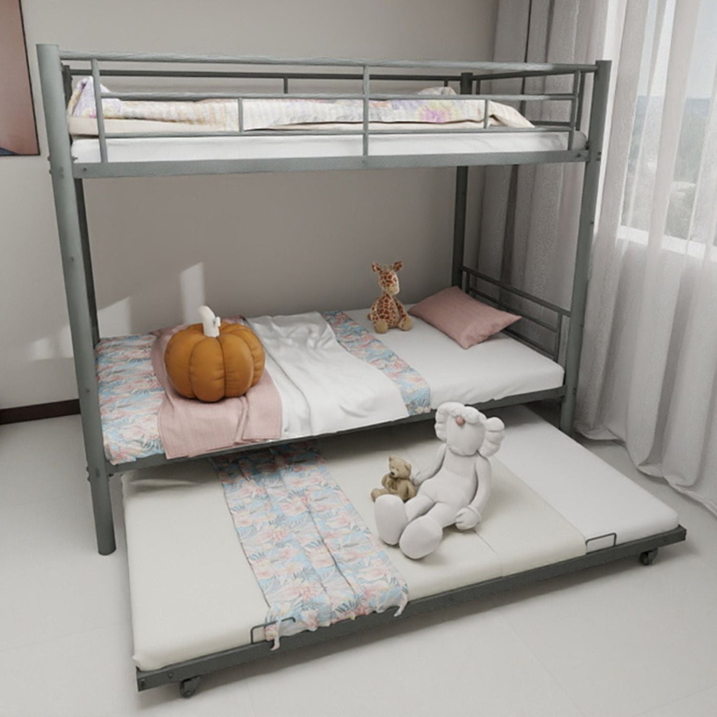 Heavy-Duty Twin Over Twin Wood Bunk Bed with Safety Guardrail, Noise Reduced, Silver | Just Better Bunk Beds