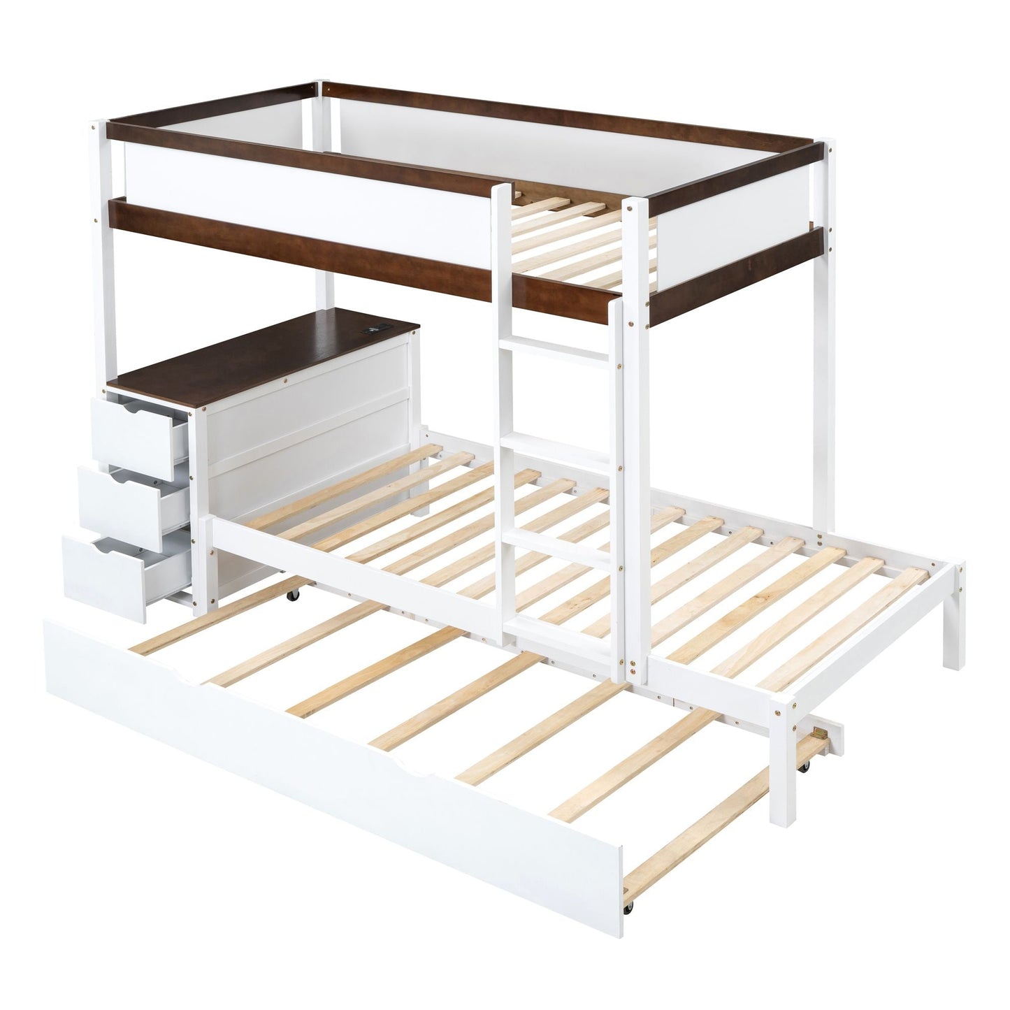 Multi-Functional Twin Over Twin Wood Bunk Bed with Trundle, Storage and Desk, White Walnut | Just Better Bunk Beds
