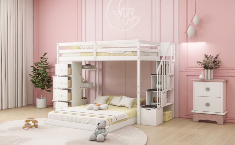 Storage Staircase Twin Over Full Wood Bunk Bed with 3-Layer Shelves and Drawers, White | Just Better Bunk Beds